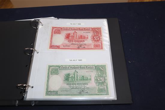 An album of Scottish and England Banknotes including, White £5 note 16th Jan 1943, North of Scotland Bank Ltd £20, 1st July 1943 etc